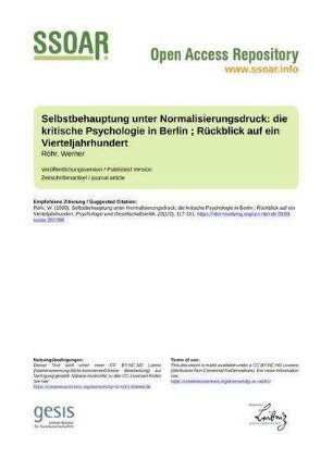 Selbstbehauptung unter Normalisierungsdruck: die kritische Psychologie in Berlin ; Rückblick auf ein Vierteljahrhundert