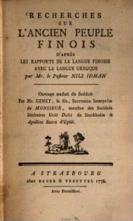Recherches sur l'ancien peuple Finois : d'après les rapports de la langue Finoise avec la langue grecque