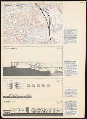 Gebiet ehemaliger Lehrter Bahnhof, Berlin-Tiergarten Schinkelwettbewerb 1979: Stadplan: Autobahn-Variante, Spree-Terrassen: Schnitt 1:100, Stadthaus: Grundrisse, Schnitte 1:500, Wohnstraße: Schnitte 1:200