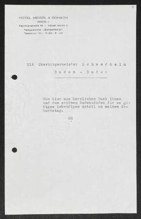 Brief von Gerhart Hauptmann an Hans Schwedhelm an Stadt Baden-Baden 