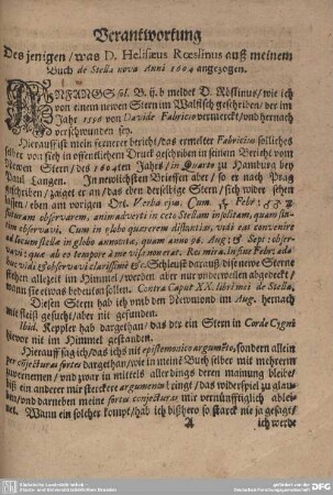 Verantwortung Des jenigen/was D. Heliasaeus Roeselinus auß meinem Buch der Stella nova Anni 1604 angezogen.