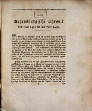 Chronik der Stadt und Hochstift Regensburg vom Jahr 1430 bis zum Jahr 1496 : Aus unbenützten Urquellen, den hochstiftischen und städtischen Urkunden und Akten bearbeitet