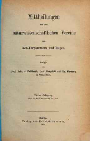 Mitteilungen aus dem Naturwissenschaftlichen Verein für Neu-Vorpommern und Rügen in Greifswald. 4. 1872