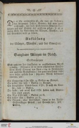 Auflösung der Münzen, Maassen, und des Gewichtes