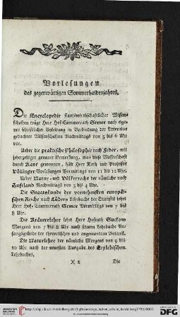 Vorlesungen des gegenwärtigen Sommerhalbenjahres