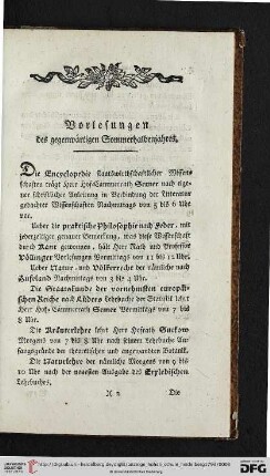 Vorlesungen des gegenwärtigen Sommerhalbenjahres