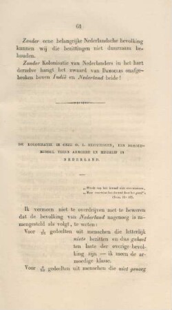 De kolonisatie in onze O. I. bezittingen, een behoed-middel tegen armoede en misdrijf in Nederland