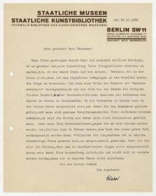 Brief von Staatliche Kunstbibliothek / Curt Glaser an Raoul Hausmann. Berlin. Briefkopf: Staatliche Museen/Staatliche Kunstbibliothek (vormals Bibliothek des Kunstgewerbe-Museums) Berlin SW 11 Prinz-Albrecht-Strasse 7 A