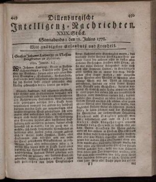 XXIX. Stück. Sonnabends: den 18. Julius 1778.