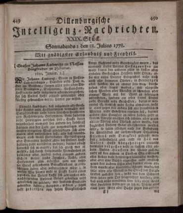 XXIX. Stück. Sonnabends: den 18. Julius 1778.