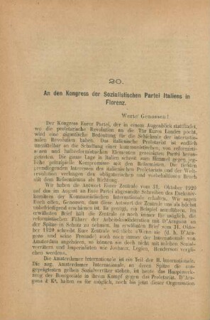 20. An den Kongress der Sozialistischen Partei Italiens in Florenz.