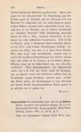 474-479 [Rezension] Schwane, Joseph, Dogmengeschichte der vornicänischen Zeit