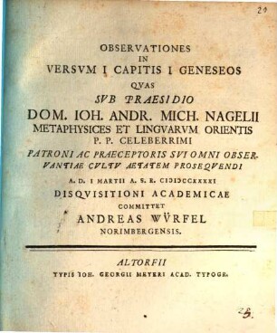 Observationes In Versvm I. Capitis I. Geneseos