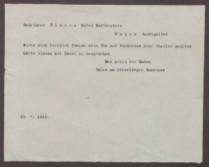 Schreiben von Prinz Max von Baden an Walter Simons; Einladung zu einem Aufenthalt bzw. zu Gesprächen in Salem