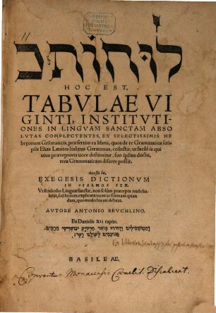 Tabulae Viginti, Institutiones In Linguam Sanctam ... Complectentes ... : Acceßit his, Exegesis Dictionum In Psalmos Sex ...
