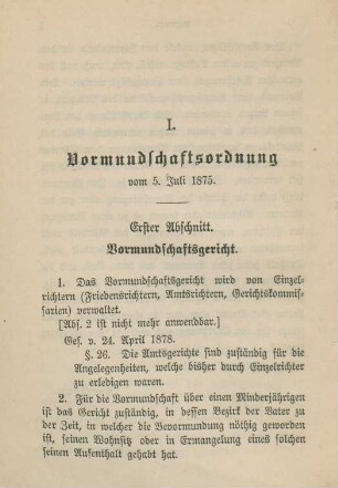 I. Vormundschaftsordnung vom 5. Juli 1875.