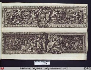 Unten: Ein gerahmtes Fries mit ornamentalen Elementen, Putti, Löwen, einem Drachen und einem Porträt im Halbprofil.