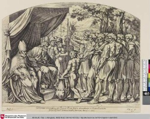 [Hohepriester Eleazar und Josua teilen das verheißene Land mit den zwölf Stämmen.; Le grand prêtre Eléazar et Josué faisant le partage de la terre promise aux douze tribus.]