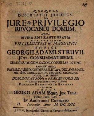 Dissertatio Juridica De Jure & Privilegio Revocandi Domum