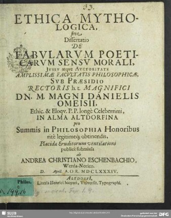 Ethica Mythologica, sive Dissertatio De Fabvlarvm Poeticarvm Sensv Morali