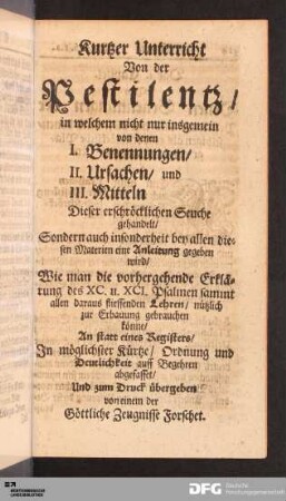 Kurzer Unterricht von der Pestilenz [...].