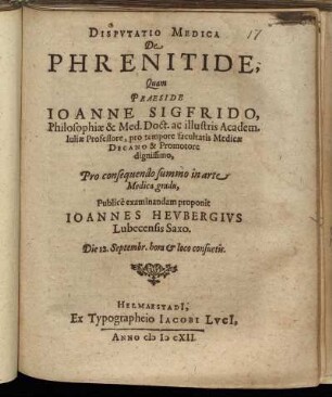 Disputatio Medica De Phrenitide