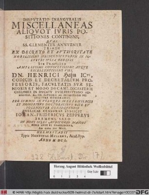 Disputatio Inauguralis Miscellaneas Aliquot Iuris Positiones Continens