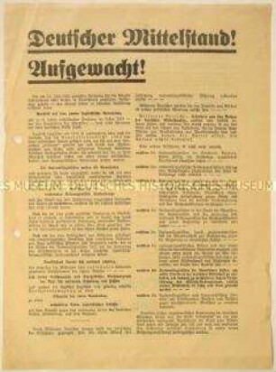 Programmatischer Wahlaufruf der Deutschnationalen Volkspartei an den Mittelstand anlässlich der Reichstagswahlen November 1932