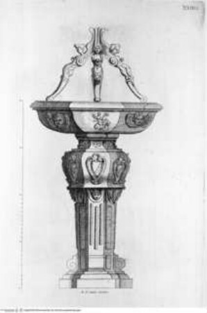 Regola de' Cinque Ordini d'Architettura (polygl.). Di M. Giacomo Barozzio da Vignola. Con la nuova aggionta di Michael-Angelo Buonaroti., Tafel XXIII (Folio 73): Brunnen...