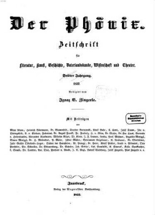 Der Phönix : Zeitschrift für Literatur, Kunst, Geschichte, Vaterlandskunde und Wissenschaft. 4. 1853, Jan. - März