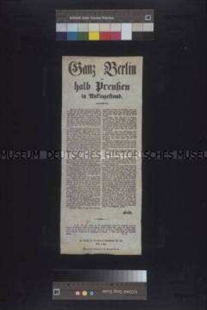 Flugblatt: Ganz Berlin und halb Preußen im Anklagestand. Kritik von Friedrich Wilhelm Held an der preußischen Justiz nach dem Prozeß gegen Urban, Löwinsohn, Korn und Sigrist; undatiert