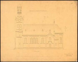 Evangelische Kirche, Reichthal: Aufriss Seitenansicht, 2 Maßstabsleisten (Fuß rhl., Meter)