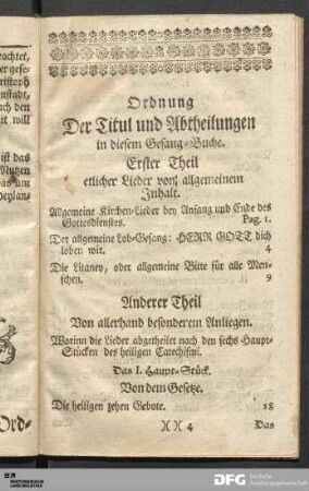 Ordnung Der Titul und Abtheilungen in diesem Gesang-Buche.