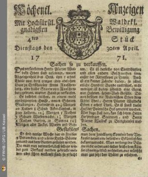 4tes Stück, Dienstags den 30ten April 1771