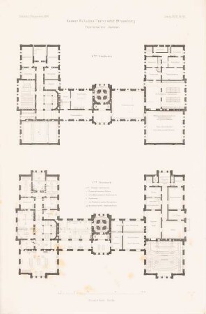 Physikalisches Institut der Kaiser-Wilhelms-Universität Straßburg: Grundriss 1.OG, 2.OG (aus: Atlas zur Zeitschrift für Bauwesen, hrsg. v. G. Erbkam, Jg. 34, 1884)