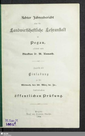 8.1904: Jahresbericht über die Landwirtschaftliche Lehranstalt in Pegau