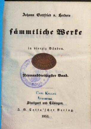 Johann Gottfried v. Herders sämmtliche Werke : in vierzig Bänden. 39, Zur Philosophie und Geschichte ; 14. Bd.