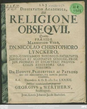 Dissertatio Academica, De Religione Obsequii