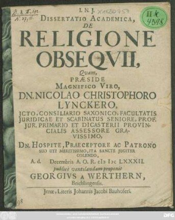 Dissertatio Academica, De Religione Obsequii