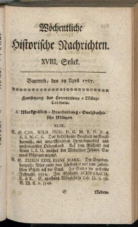 XVIII. Stück. Bayreuth, den 29 April 1767.