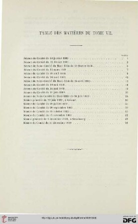 Table des matières du tome VII