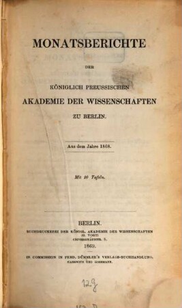 Monatsbericht der Königlich Preussischen Akademie der Wissenschaften zu Berlin. 1868