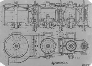 Zylinderanordnung einer Dreifach-Expansionsdampfmaschine, Schema : Technikgeschichte | Maschinenbau | Kraftmaschinen | Dampfmaschinen