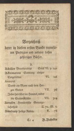 Verzeichniß derer in diesem ersten Bande recensirten Predigten und anderer dahin gehörigen Bücher