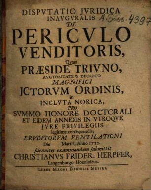 Disputatio Iuridica Inauguralis De Periculo Venditoris