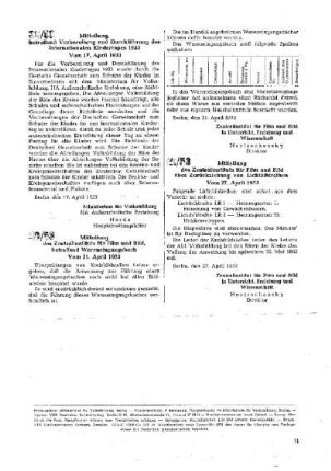 Mitteilung des Zentralinstituts für Film und Bild, betreffend Wareneingangsbuch : 40/53 vom 21. April 1953
