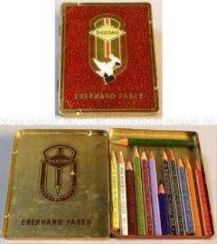 Blechdose "Decoro / Eberhard Faber" für Buntstifte, mit neun dazugehörigen Original- und vier weiteren Buntstiften