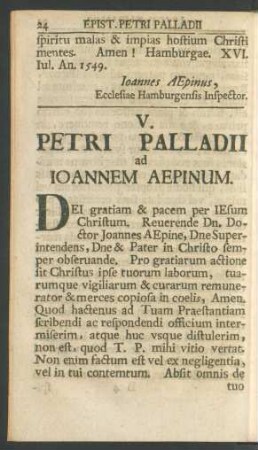 V. Petri Palladii ad Ioannem Aepinum