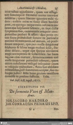 Exercitatio VII. De fermento Uteri & Menstruis. Joh. Jacobo Hardero Joh. Conradus Peierus S. P. D.