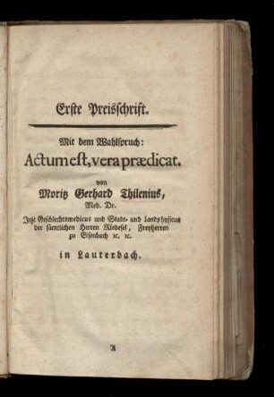Erste Preisschrift mit dem Wahlspruch: Actum est, vera prædicat